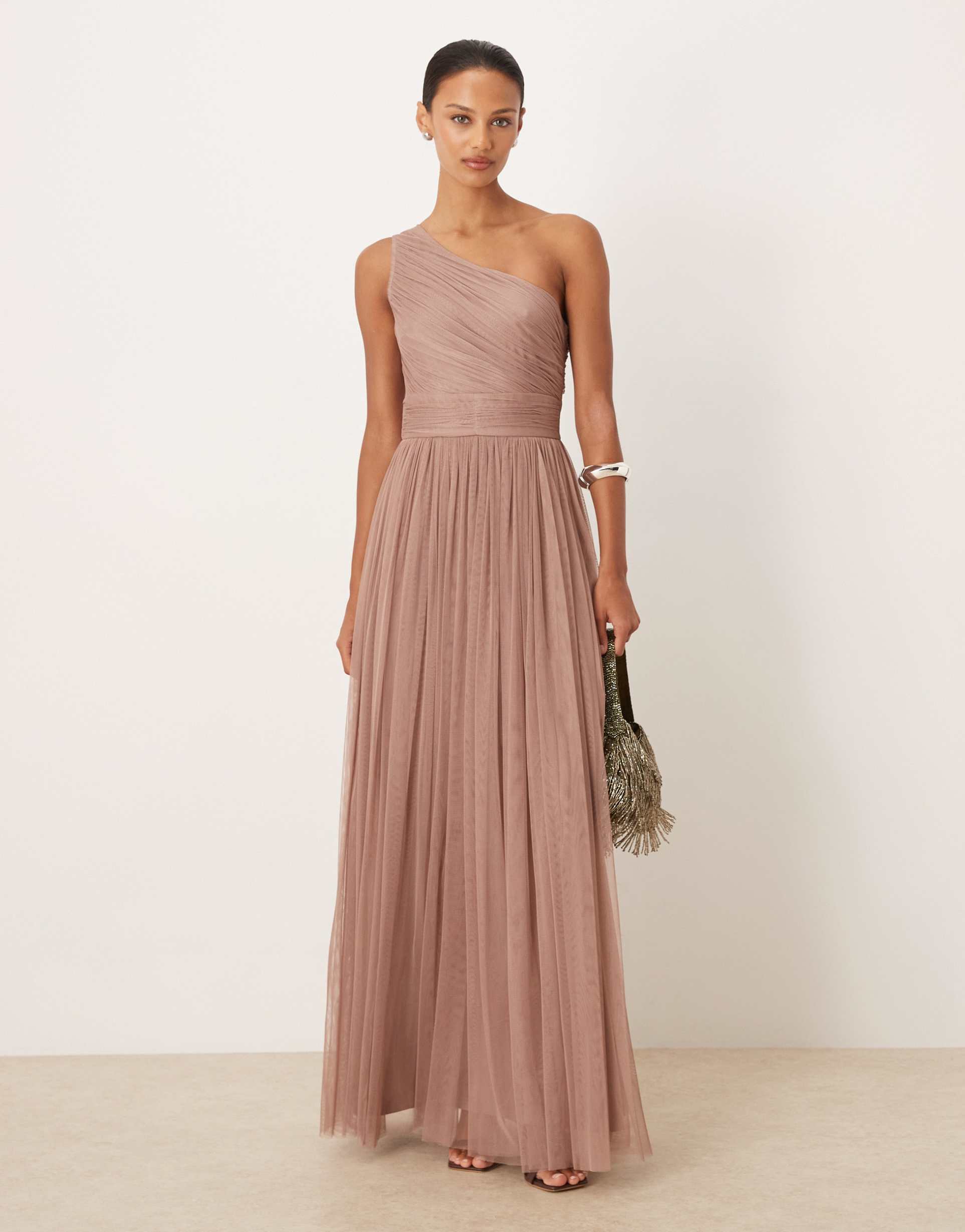 lace & beads bridesmaid tulle one shoulder maxi dress in taupe