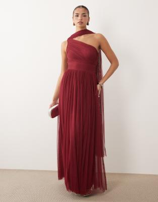 Lace & Beads Bridesmaid Tulle One Shoulder Scarf Neck Fitted Waist Maxi Dress In Red