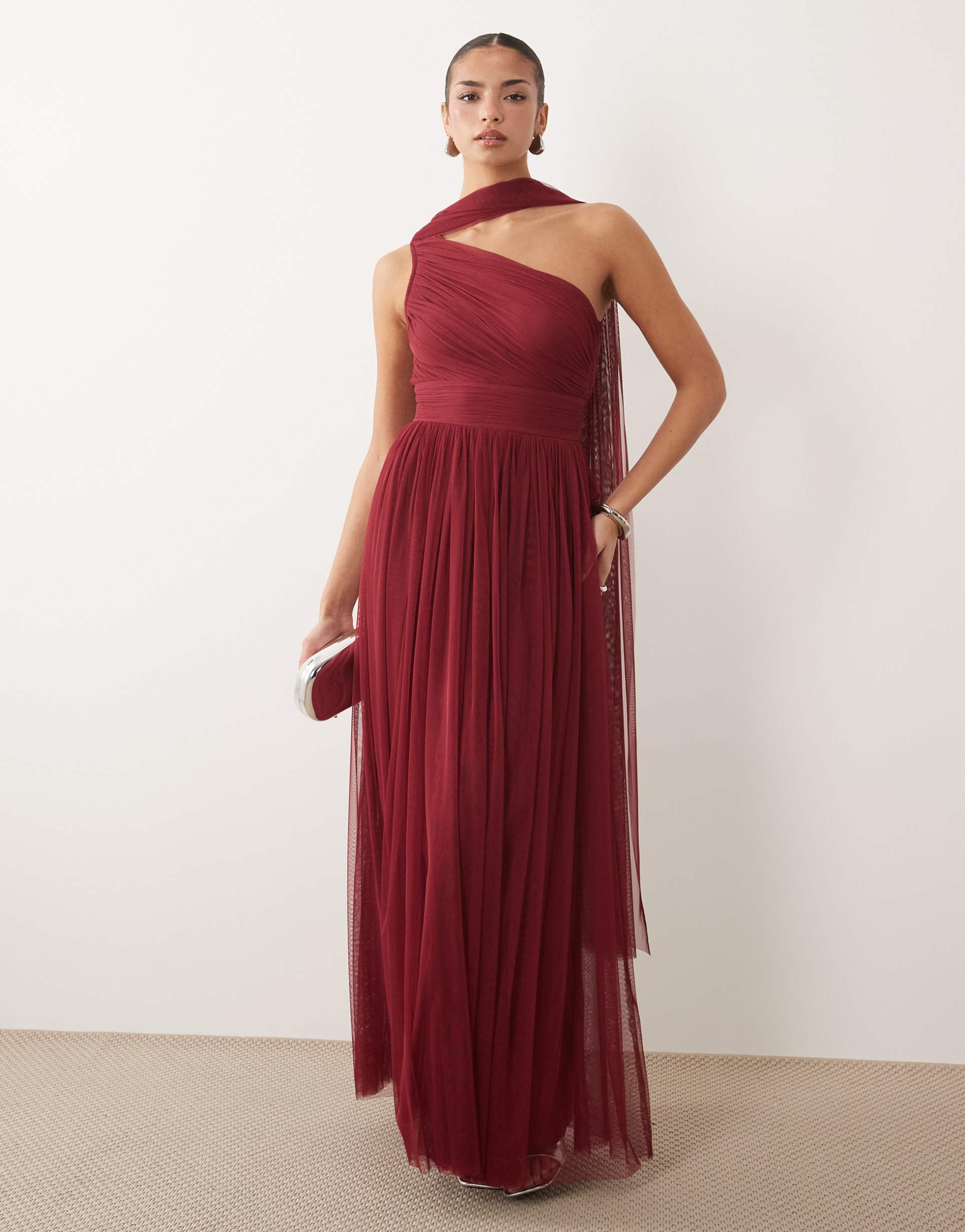 lace & beads bridesmaid tulle one shoulder scarf neck fitted waist maxi dress in raspberry