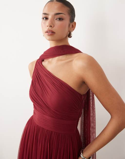 Lace & Beads Bridesmaid tulle one shoulder scarf neck fitted waist maxi  dress in raspberry | ASOS