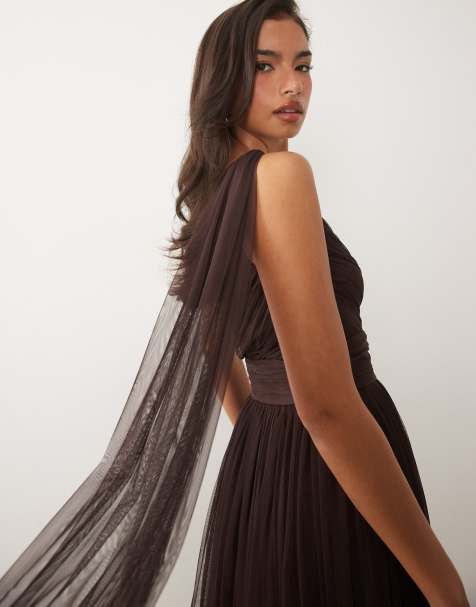 mink bridesmaid dresses asos TFNC bridesmaid pleated wrap detail maxi dress in mink