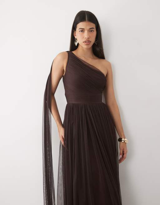 Lace & Beads Bridesmaid tulle one shoulder scarf neck maxi dress in chocolate, 2 of 4