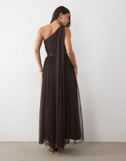 Lace & Beads Bridesmaid tulle one shoulder scarf neck maxi dress in chocolate, 4 of 4