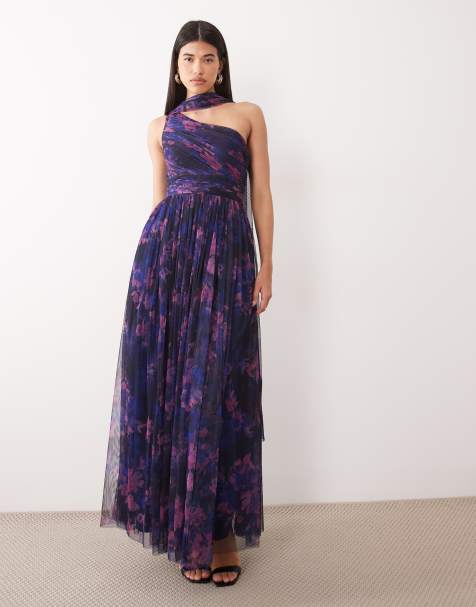 Lace & Beads Bridesmaid tulle one shoulder scarf neck maxi dress in dark blue floral  - view 1