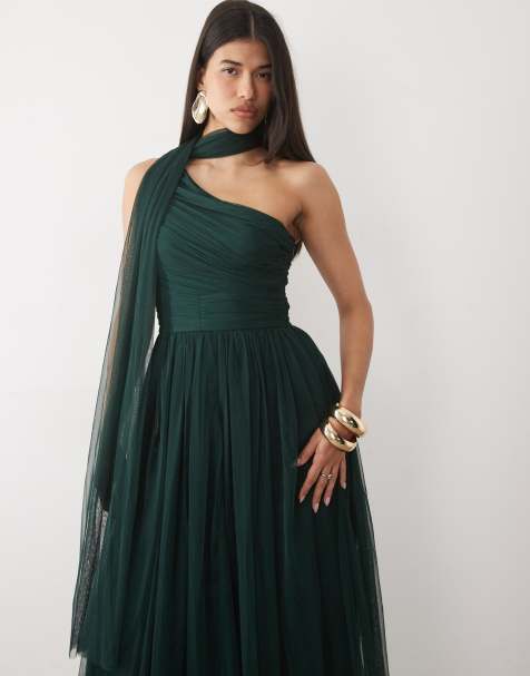 Lace & Beads Bridesmaid tulle one shoulder scarf neck maxi dress in emerald green - view 1