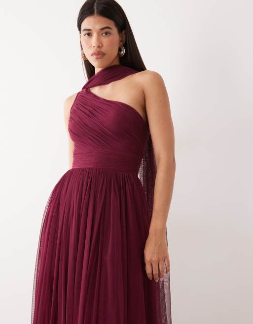 Lace & Beads Bridesmaid tulle one shoulder scarf neck maxi dress in fig, 4 of 4