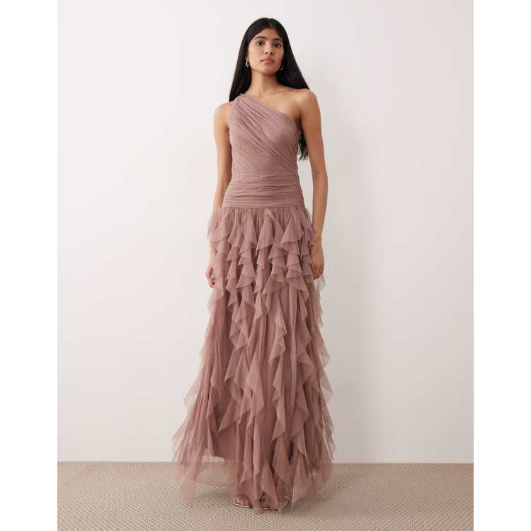taupe beaded bridesmaid dress Pearl Modest V Neck Beaded Ruched High Low Chiffon Mother Of The Bride Dresses, Taupe main image 1