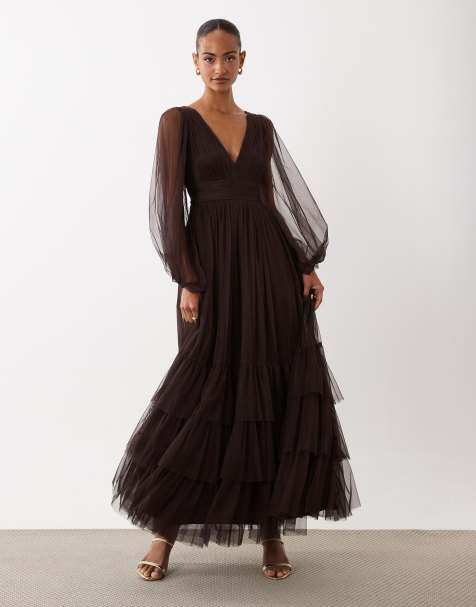 Lace & Beads Bridesmaid tulle sheer sleeve plunge neck tiered maxi dress in chocolate - view 1