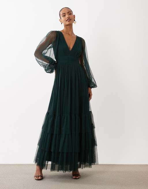 emerald green dress with lace sleeves & Beads Bridesmaid tulle sheer sleeve plunge neck tiered maxi in formal elegant emerald green dress -shein