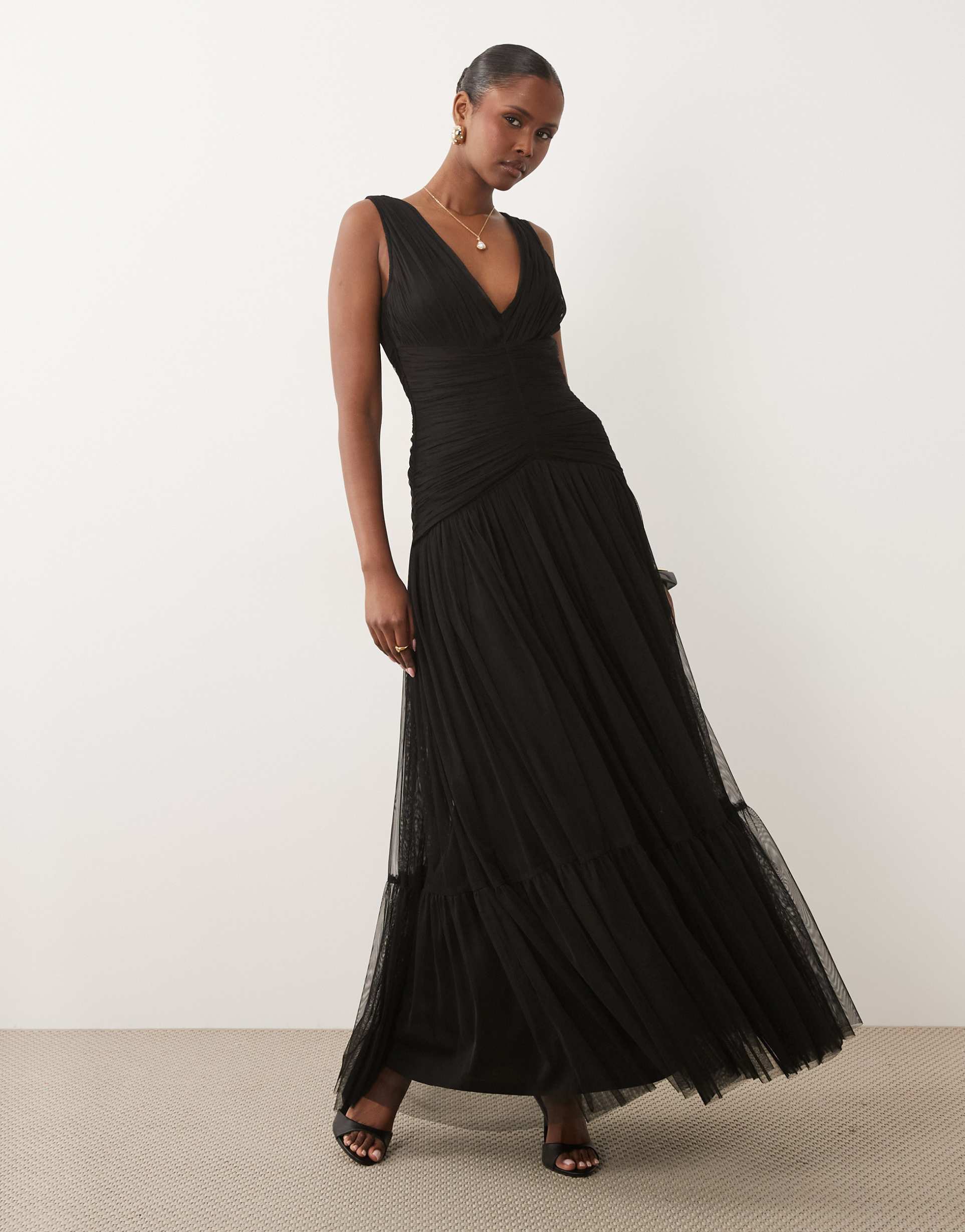 lace & beads bridesmaid tulle sleeveless dropped waist tiered hem maxi dress in black