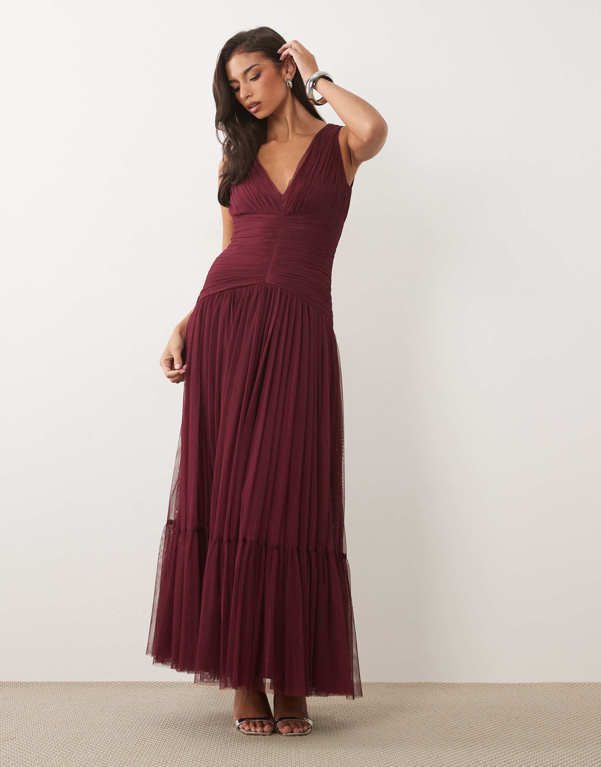 lace & beads bridesmaid tulle sleeveless dropped waist tiered hem maxi dress in fig