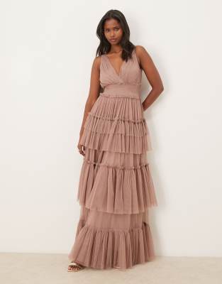 Lace & Beads Bridesmaid tulle sleeveless plunge neck tiered maxi dress in taupe