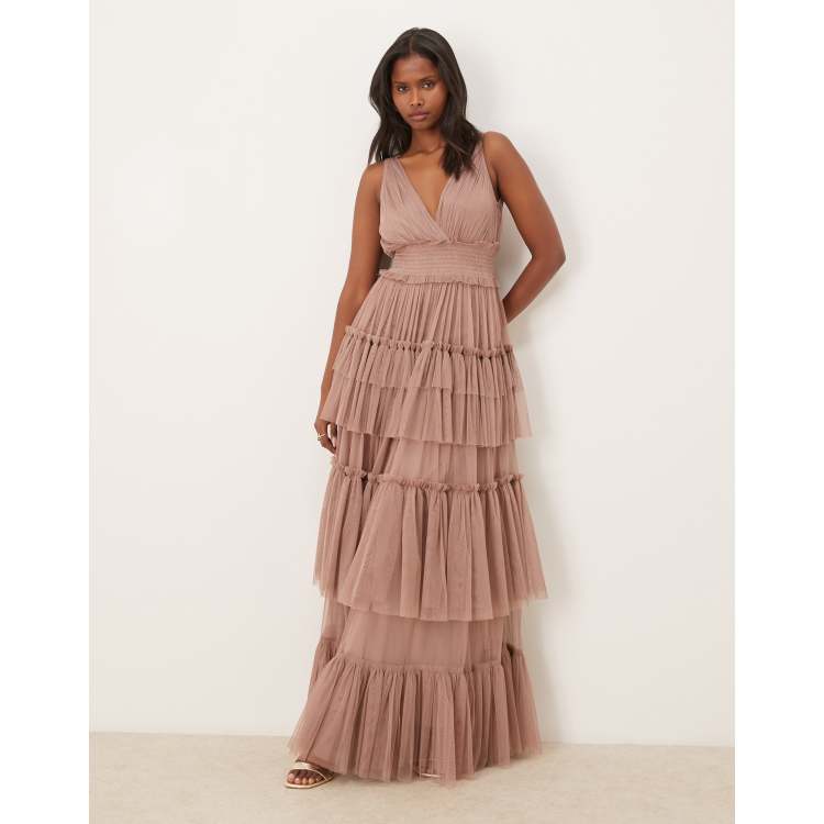 Lace & Beads Bridesmaid tulle sleeveless plunge neck tiered maxi dress in taupe-Neutral
