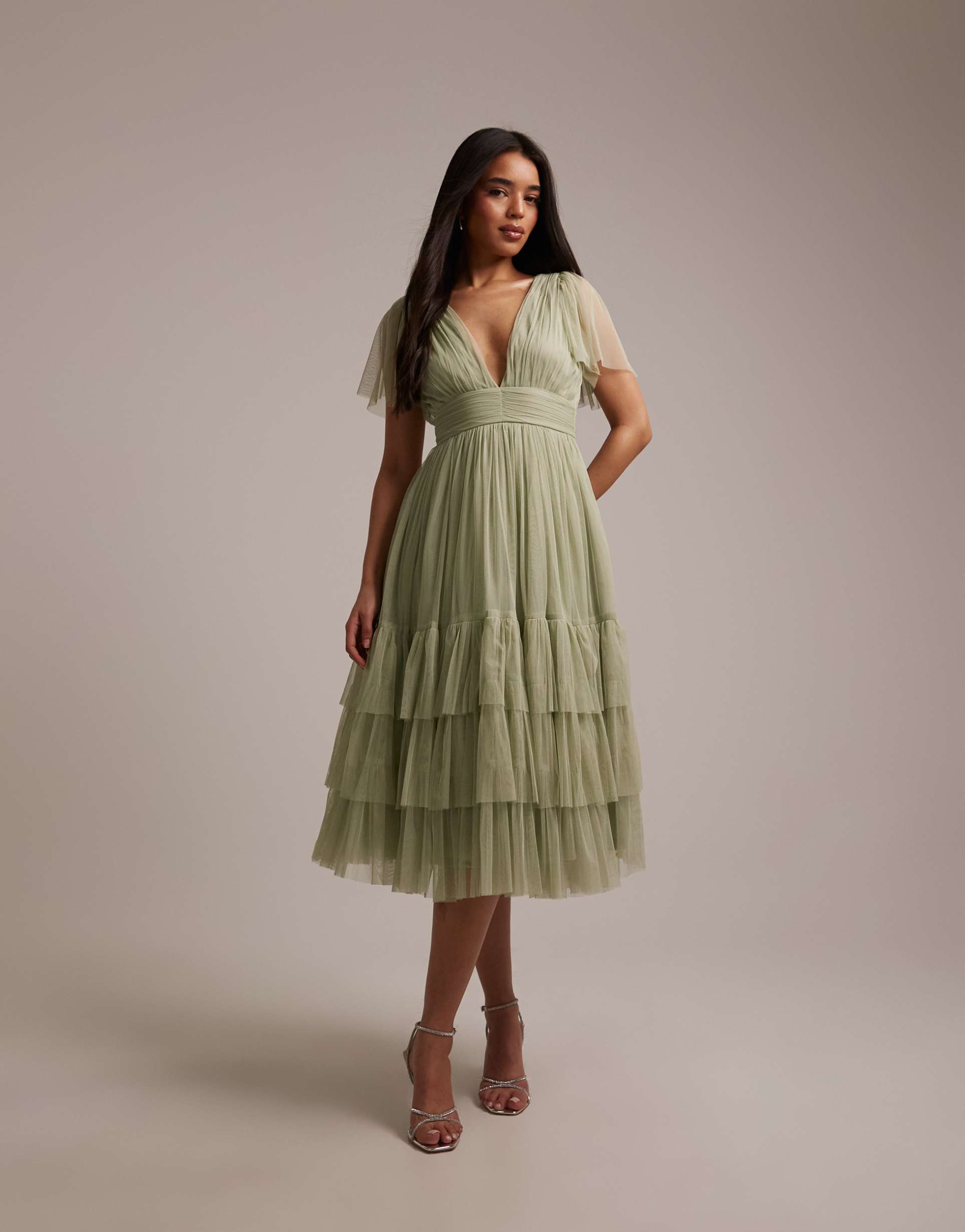 lace & beads bridesmaid tulle v neck midi dress in sage green