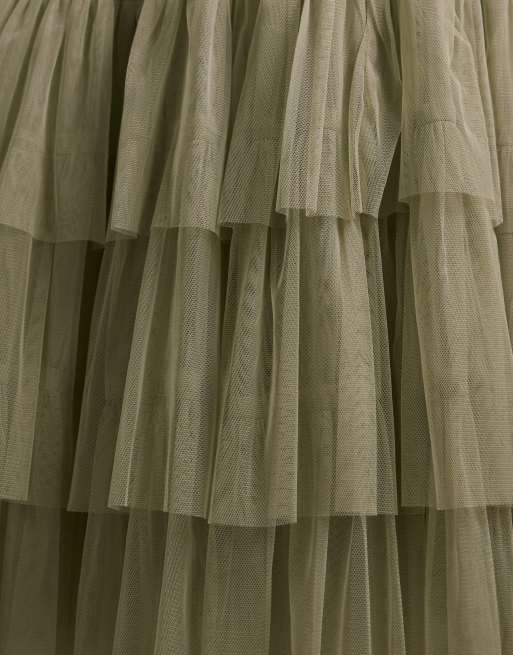 Lace & Beads Bridesmaid tulle v neck midi dress in sage green, 3 of 5