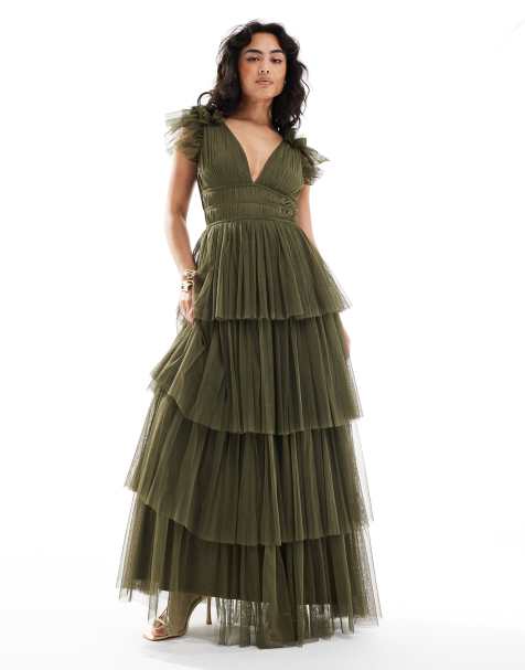 Lace & Beads Bridesmaid ruffle tiered tulle maxi dress in deep olive