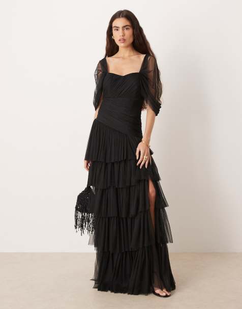 Lace & Beads Bridesmaids asymmetric ruffle tulle maxi dress in black - view 1
