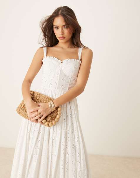 Lace & Beads broderie cotton corset midaxi dress in white - view 1