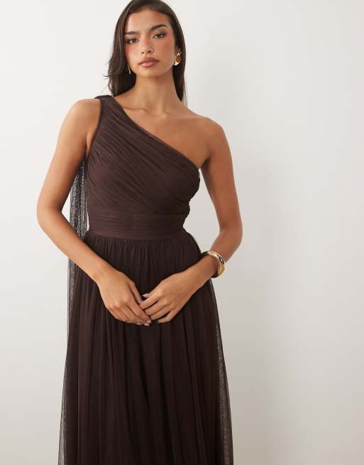 Lace & Beads brudepige maxikjole i tyl med one shoulder og scarf neck i chokolade, 4 af 4
