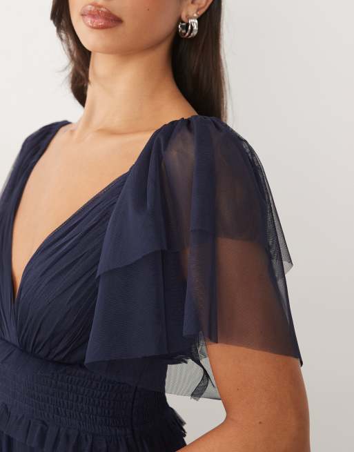 Lace & Beads brudepige mesh maxikjole med smocktalje, v-hals og flæseærmer i navy, 4 af 4