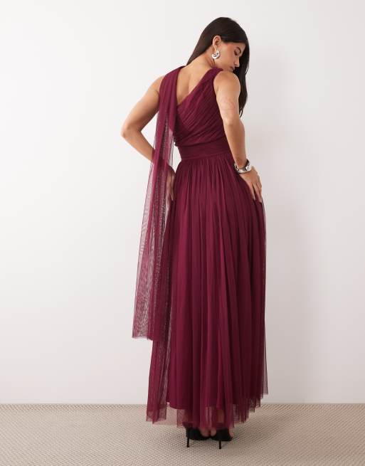 Lace & Beads brudepige tulle-kjole med asymmetrisk hals og tørklædehals i fig, 3 af 4