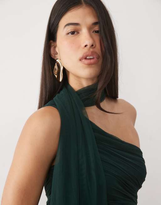 Lace & Beads brudepige tyl oneshoulder-kjole med scarf-udskæring i smaragdgrøn, 3 af 4