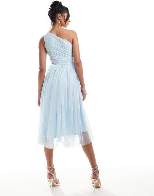 Lace & Beads - Brudepiger - Himmelblå oneshoulder-midikjole i tyl, 4 af 4
