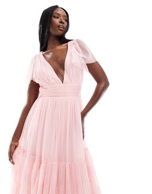 Lace & Beads - Brudepiger - Lyserød midikjole med V-hals i tyl, 4 af 4