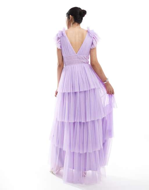 Lace & Beads - Brudepiger - Lyslilla maxikjole med flæseskuldre i tyl, 4 af 4