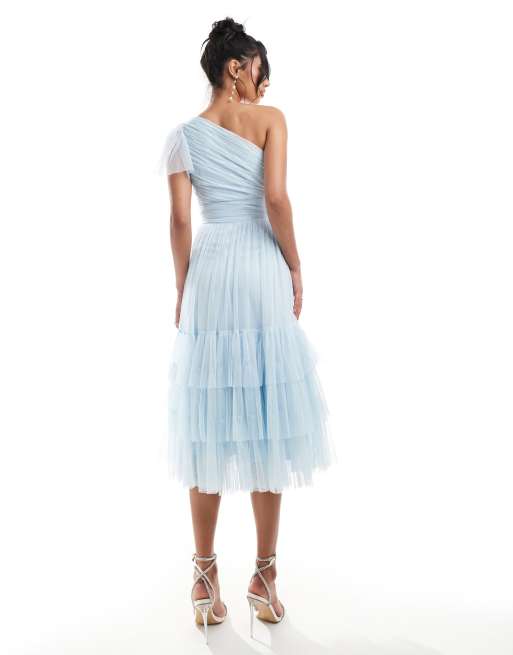 Lace & Beads - Brudepiger - Madison - Himmelblå oneshoulder-midikjole i tyl, 3 af 4