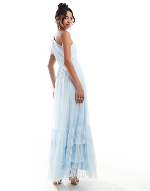 Lace & Beads - Brudepiger - Madison - Lyseblå oneshoulder-maxikjole i tyl, 3 af 4