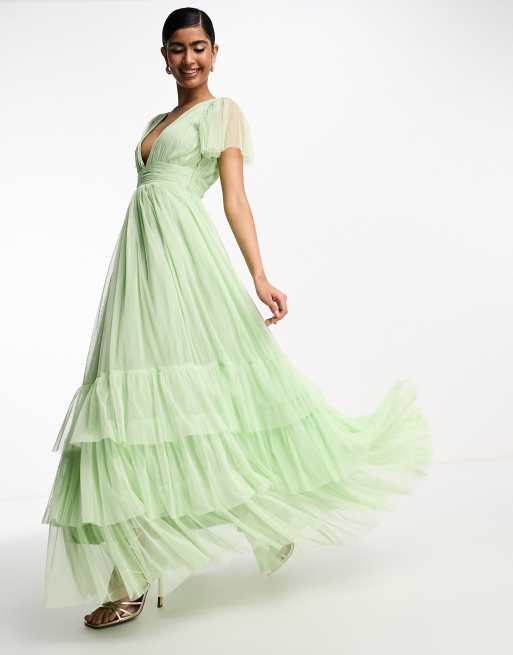 Lace & Beads - Brudepiger - Madison - Maxikjole i tyl med V-hals i salviegrøn, 4 af 4