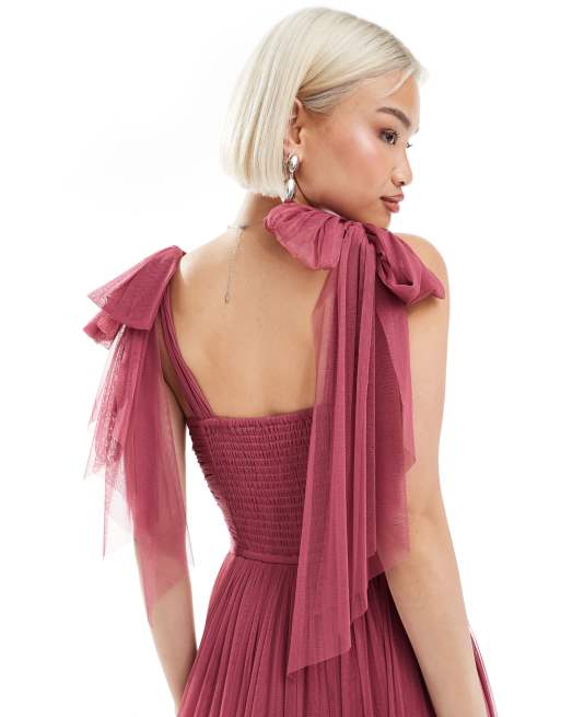 Lace & Beads - Brudepiger - Madison - Orkidérød lagdelt maxikjole med sløjfe på skulderen, 4 af 4