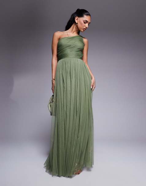 Lace & Beads - Brudepiger - Oneshoulder-maxikjole i bleg olivengrøn - view 1
