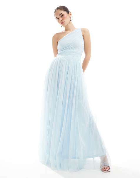Lace & Beads - Brudepiger - Pudderblå oneshoulder-maxikjole - view 1