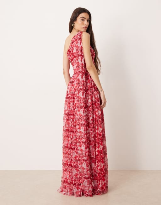 Lace & Beads - Brudepiger - Rød maxikjole i tyl med oneshoulder-snit og tørklædedetalje samt blomstermønster, 4 af 4