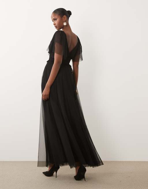Lace & Beads - Brudepiger - Sort maxikjole med V-hals, flagrende ærmer og rynket talje i mesh, 3 af 4