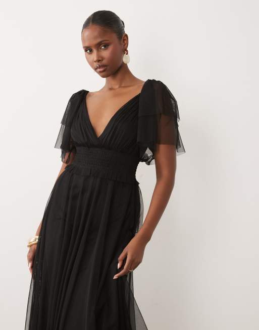 Lace & Beads - Brudepiger - Sort maxikjole med V-hals, flagrende ærmer og rynket talje i mesh, 4 af 4