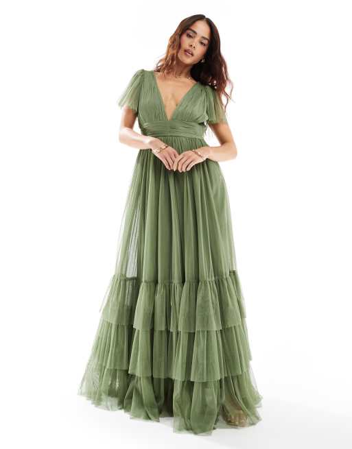 Lace & Beads – Brudtärnor – Madison – Olivgrön, v-ringad maxiklänning i tyll