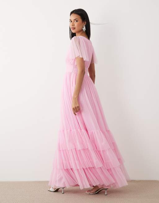 Lace & Beads – Brudtärnor – Madison – Rosa, panelsydd maxiklänning med smock och utsvängda ärmar, 4 av 4