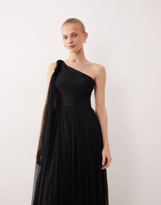 Lace & Beads – Brudtärnor – Svart, enaxlad maxiklänning med sjalkrage, 4 av 4
