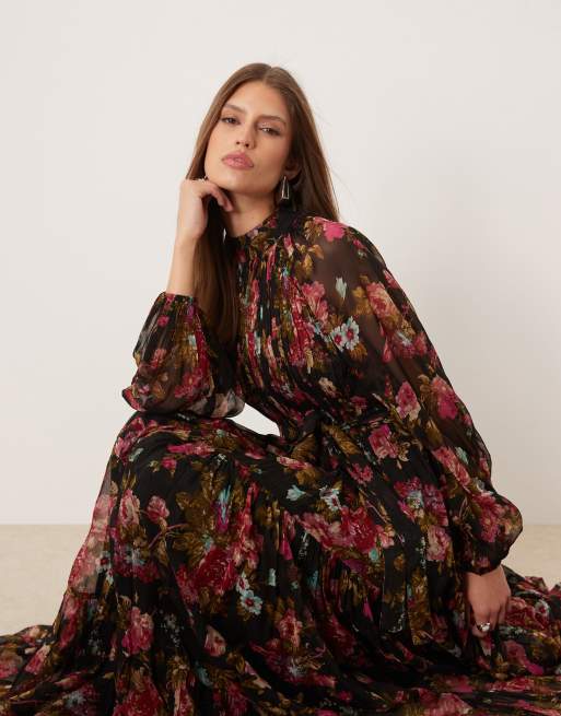 Lace & Beads – Brudtärnor – Violetta – Svart, blommig maxiklänning med långa ärmar, 4 av 4