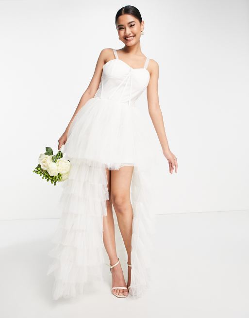  Lace & Beads - Bruidskleding - Maxi jurk jurk van tule met korset en ongelijke zoom in ivoor   