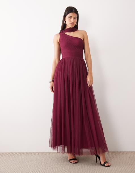 Lace & Beads bruidsmeisje maxi-jurk van tule met één schouder en sjaalkraag in fig - view 1