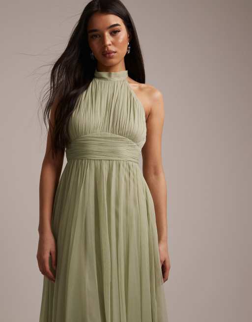 Lace & Beads - Bruidsmeisjes - Madison - Hoogsluitende midi-jurk van tule in saliegroen, 2 van 5