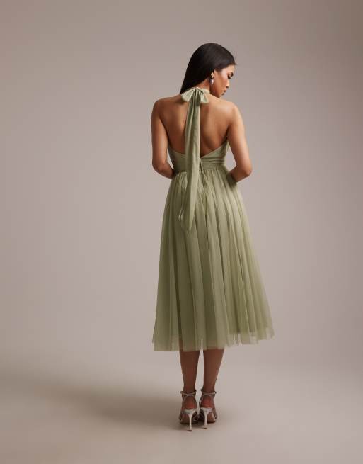 Lace & Beads - Bruidsmeisjes - Madison - Hoogsluitende midi-jurk van tule in saliegroen, 5 van 5