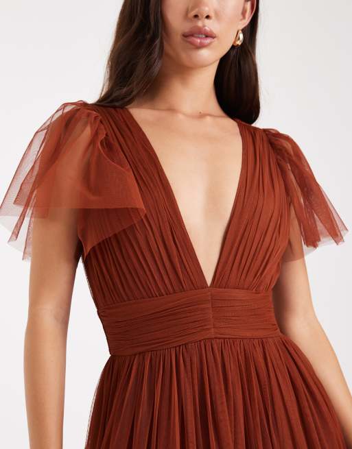Lace & Beads - Bruidsmeisjes - Madison - Maxi-jurk met fladdermouwen in roestbruin, 2 van 4