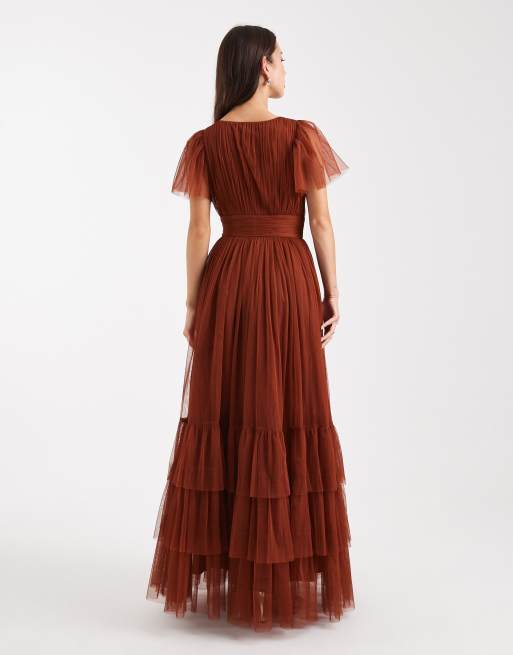 Lace & Beads - Bruidsmeisjes - Madison - Maxi-jurk met fladdermouwen in roestbruin, 3 van 4