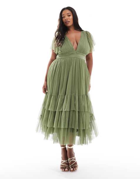 Lace & Beads - Bruidsmeisjes - Madison - Midi-jurk in zacht olijfgroen - view 1