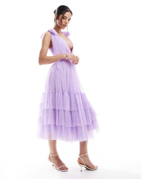 Lace & Beads - Bruidsmeisjes - Madison - Midi jurk met gestrikte schouderbandjes in lila - view 1